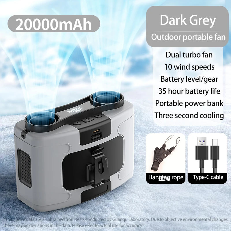 20,000mAh Portable Waist & Neck Fan with Power Bank & LED – Outdoor Work & Sports