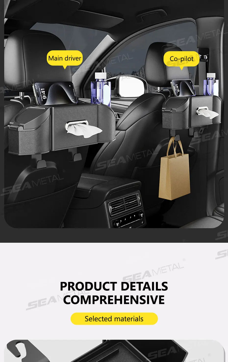 No-Drill Adjustable Car Holder with Phone & Paper Towel Organizer
