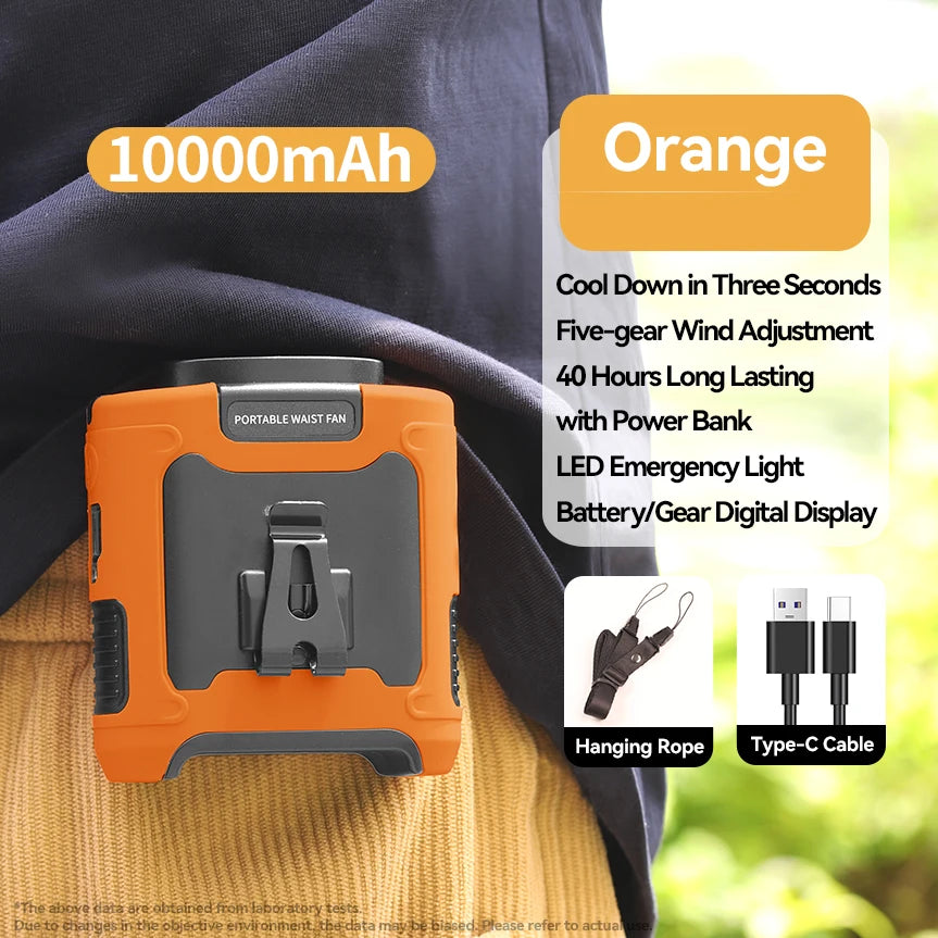 20,000mAh Portable Waist & Neck Fan with Power Bank & LED – Outdoor Work & Sports
