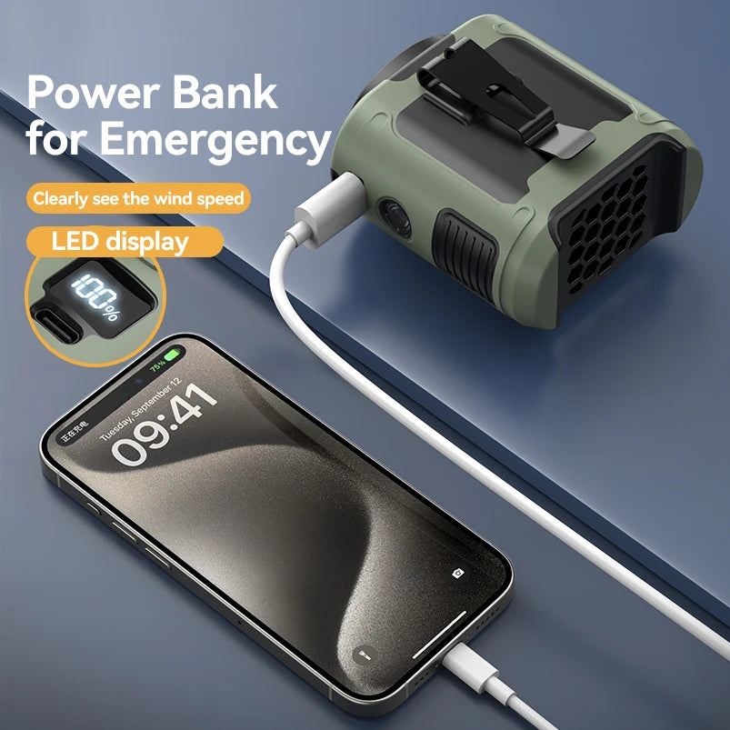 20,000mAh Portable Waist & Neck Fan with Power Bank & LED – Outdoor Work & Sports