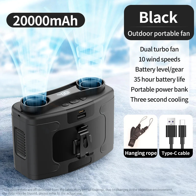 20,000mAh Portable Waist & Neck Fan with Power Bank & LED – Outdoor Work & Sports