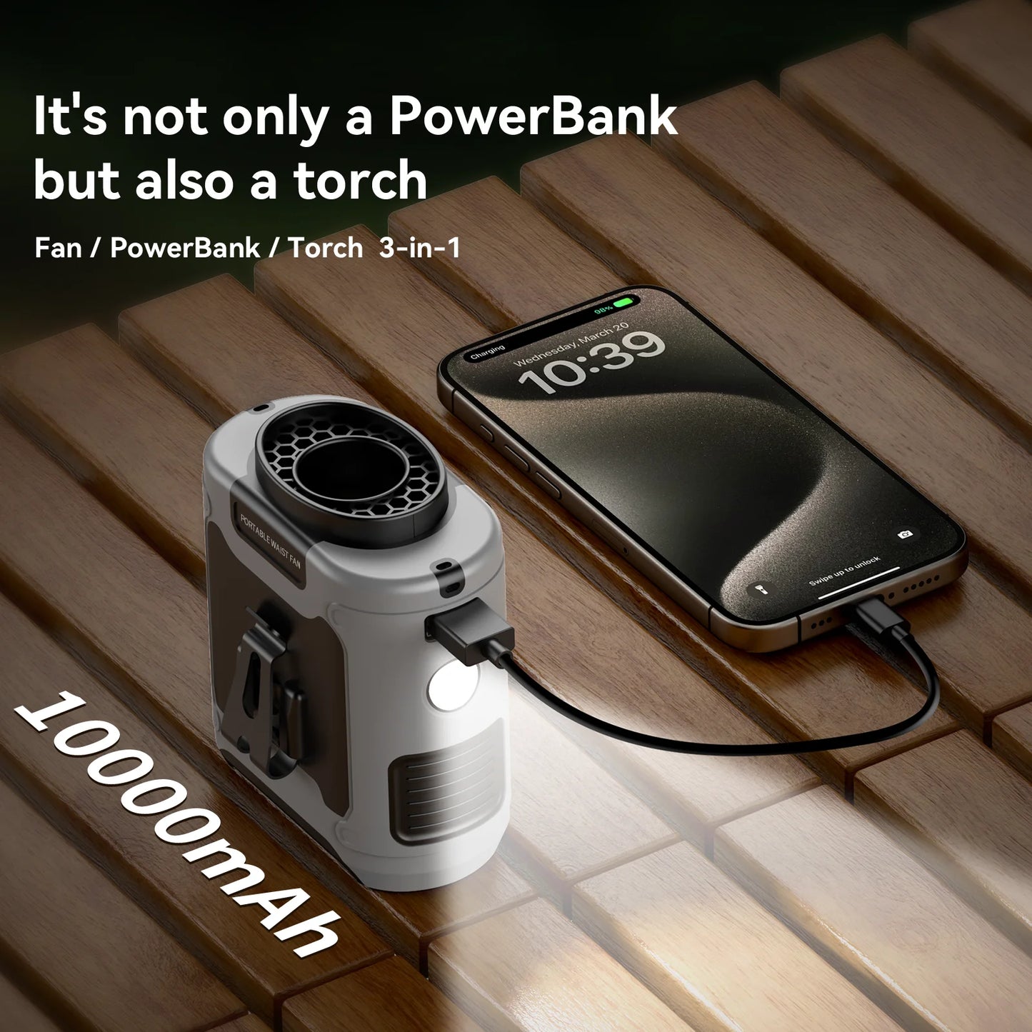 20,000mAh Portable Waist & Neck Fan with Power Bank & LED – Outdoor Work & Sports