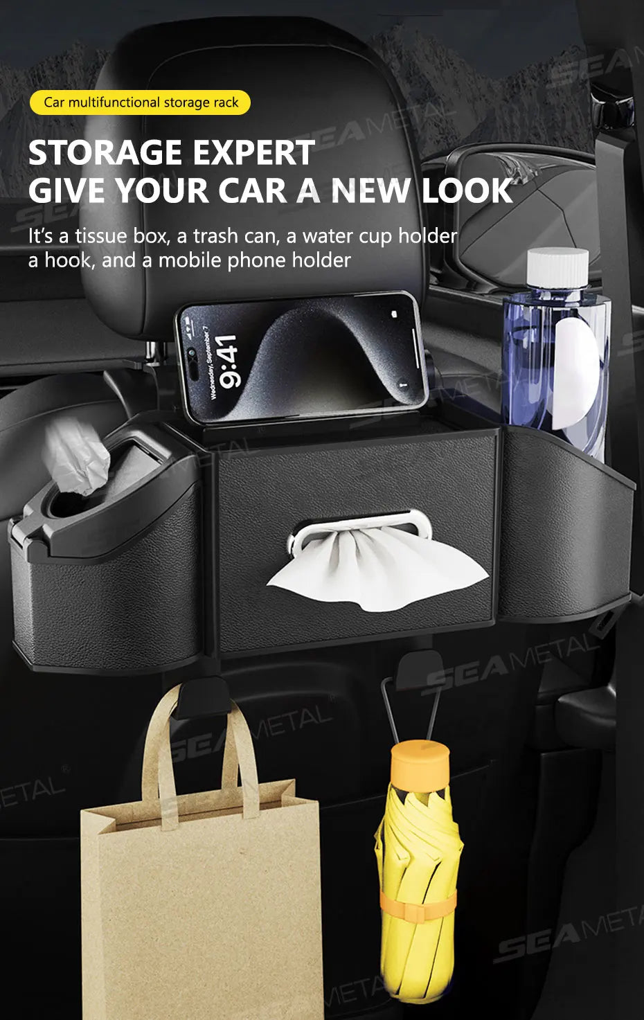 No-Drill Adjustable Car Holder with Phone & Paper Towel Organizer