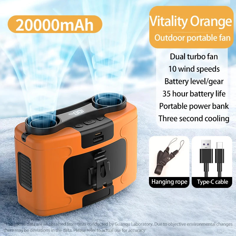 20,000mAh Portable Waist & Neck Fan with Power Bank & LED – Outdoor Work & Sports