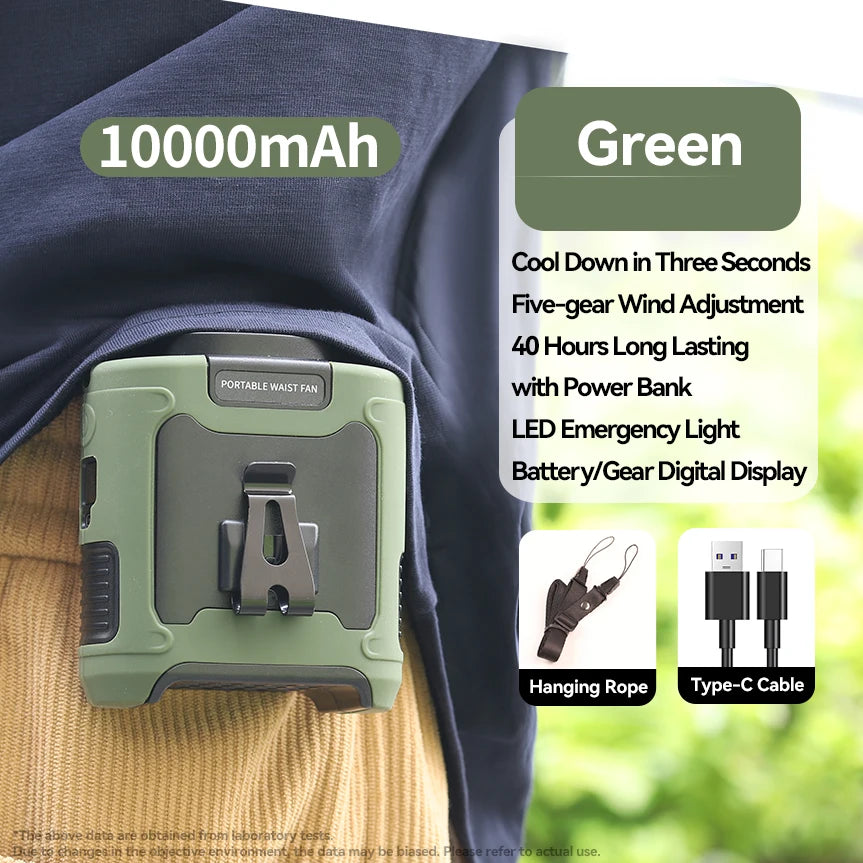 20,000mAh Portable Waist & Neck Fan with Power Bank & LED – Outdoor Work & Sports