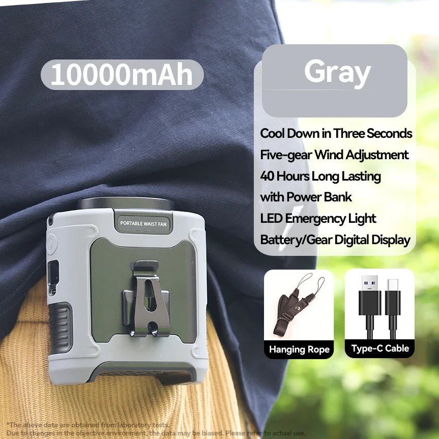 20,000mAh Portable Waist & Neck Fan with Power Bank & LED – Outdoor Work & Sports