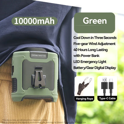 20,000mAh Portable Waist & Neck Fan with Power Bank & LED – Outdoor Work & Sports
